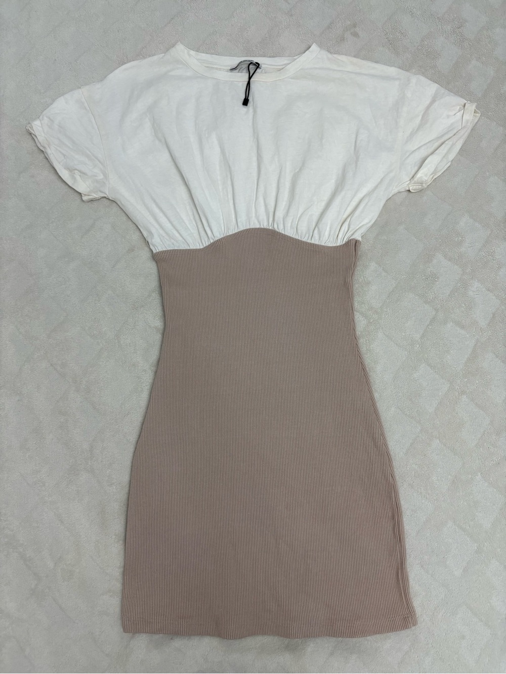 Two-Tone Knit Fit & Flare Dress — White & Taupe